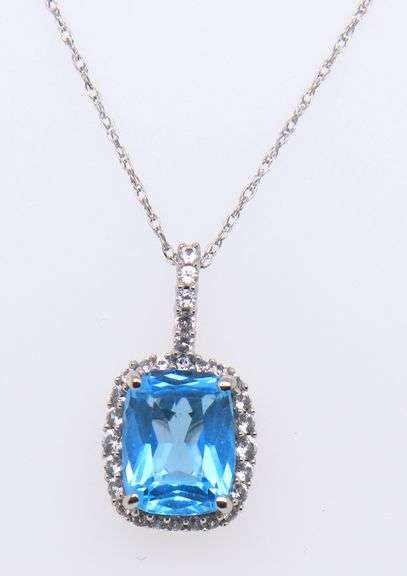 Dreamy White Gold Cushion Cut Blue Topaz and Diamond Pendant on Chain