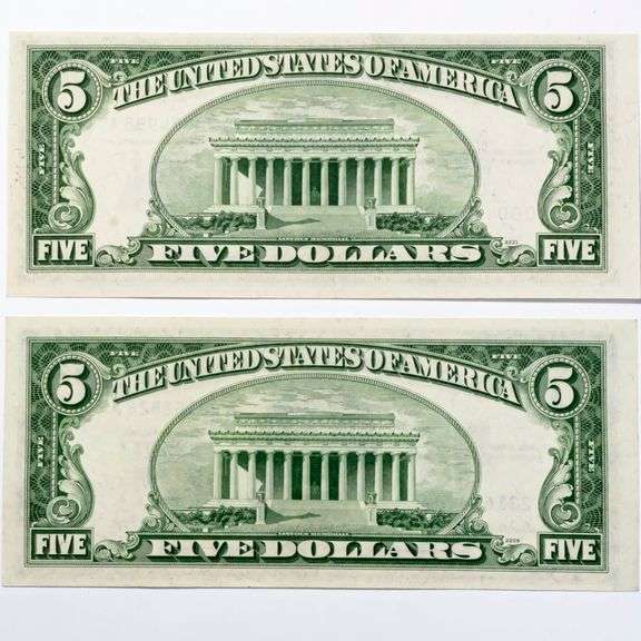 2  1953 CH Unc $5 Silver Certificates