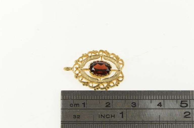 14K Yellow Gold Elaborate Oval Garnet Vintage Statement Charm/Pendant