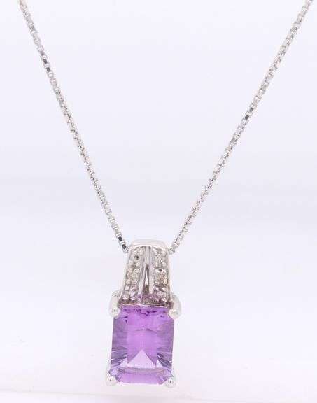 925 Sterling Silver Emerald Cut Amethyst Pendant on Italian Box Chain Necklace
