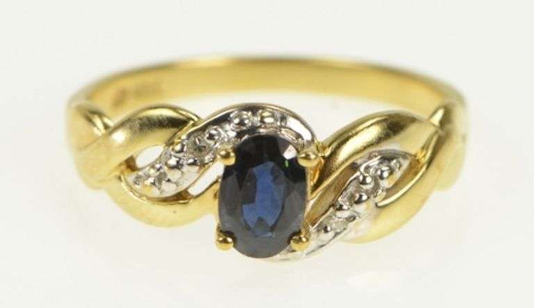 10K Yellow Gold Oval Sapphire Diamond Accent Statement Ring