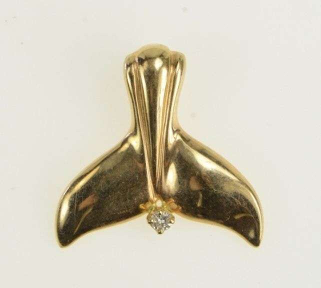 14K Yellow Gold Kabana Diamond Whale Fluke Tail Vintage Pendant