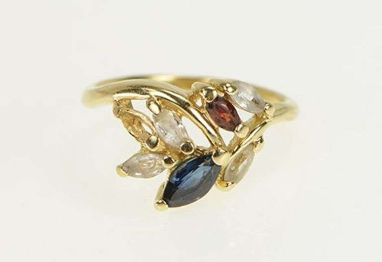 14K Yellow Gold Marquise Garnet CZ Syn. Sapphire Cluster Ring