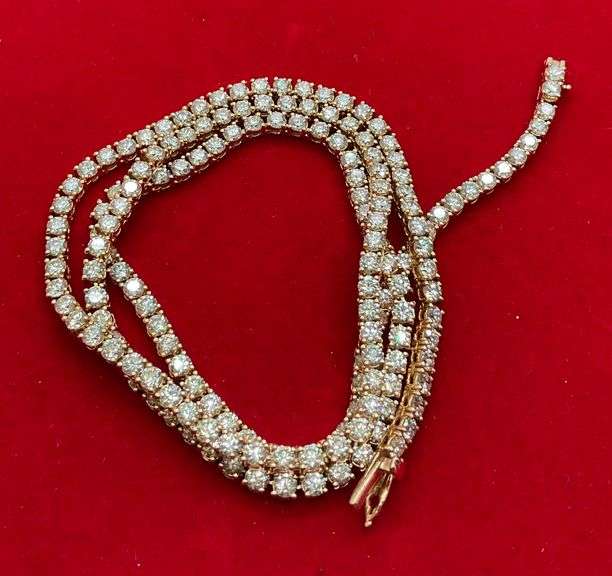 CERTIFIED 21.0+ CARAT DIAMOND TENNIS NECKLACE IN 14KT SOLID YELLOW GOLD