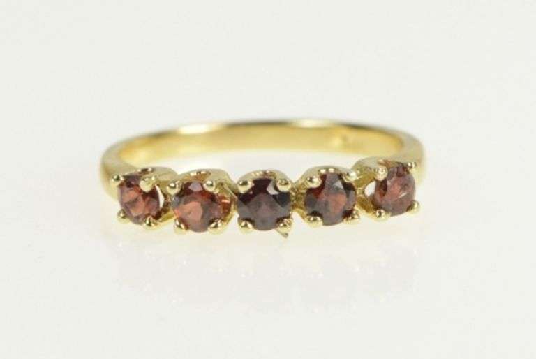 14K Yellow Gold Classic Five Stone Vintage Garnet Band Ring