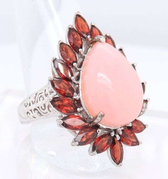 925 Sterling Silver Pear Shape Opal With Garnet Ring