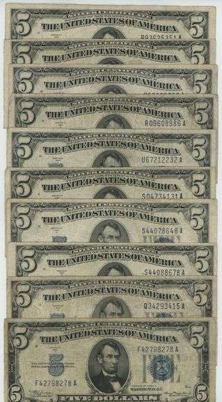 Lot of 10 Series of 1934 $5 Blue Seal Silver Certificates