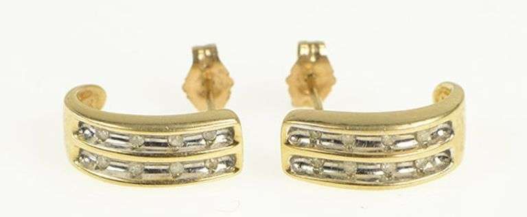 10K Yellow Gold Squared Diamond Curved Semi Hoop Statement Earrings