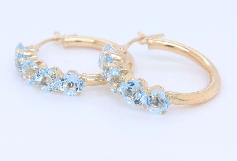 Elegant Yellow Gold Round Brilliant Cut Blue Topaz Hoop Earrings