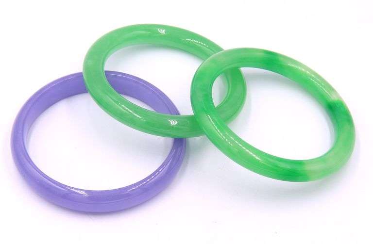 Lot of 3 Green Jade Carved Lucky Bangles
