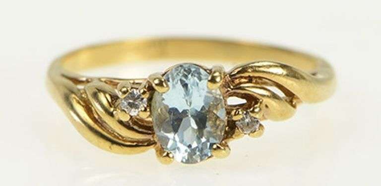 10K Yellow Gold Oval Blue Topaz Diamond Accent Bypass Ring