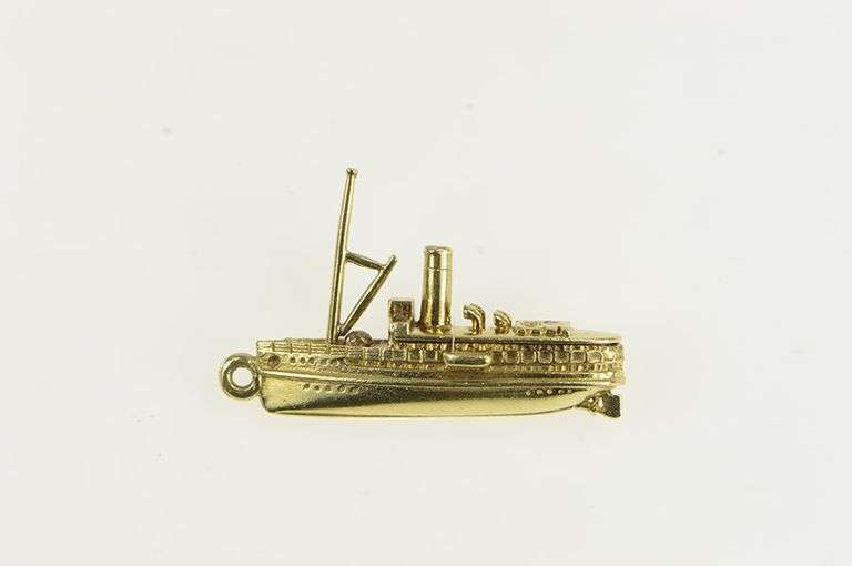 14K Yellow Gold 3D Fishing Trawler Boat Ship Charm/Pendant