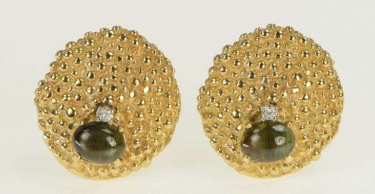 14K Yellow Gold Black Star Sapphire Diamond Round Modernist Earrings