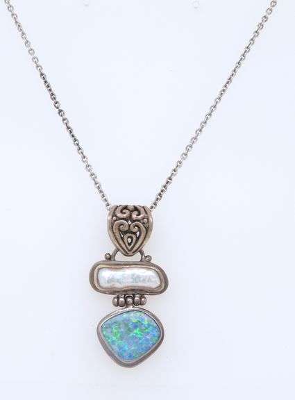 Vintage 925 Sterling Silver Pearl and Opal Pendant on Chain Necklace