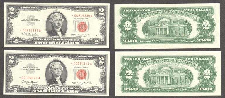 2 Notes $1 1963 LT Star notes Uncirculated Last of the red seal notes