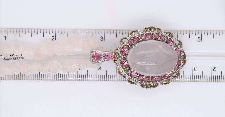 925 Sterling Silver Pink Topaz Pendant on Rose Quartz Beaded Necklace