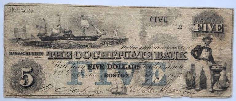 $ 5 Cochituate Bank Boston 1853 Obsolete Note