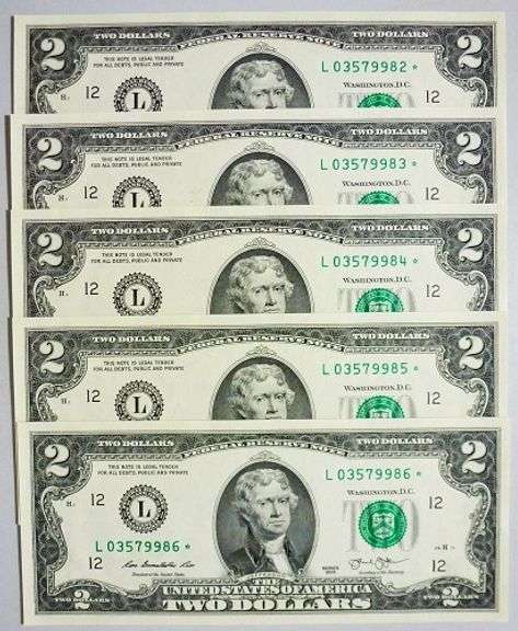 (5) Superb Crisp 2013 $2 Star Replacement Notes San Francisco-Consecutive!
