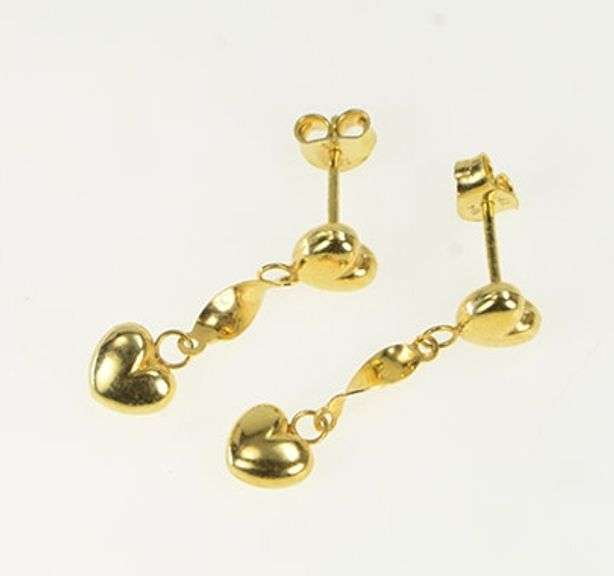 14K Yellow Gold Puffy Heart Love Symbol Valentine Dangle Earrings