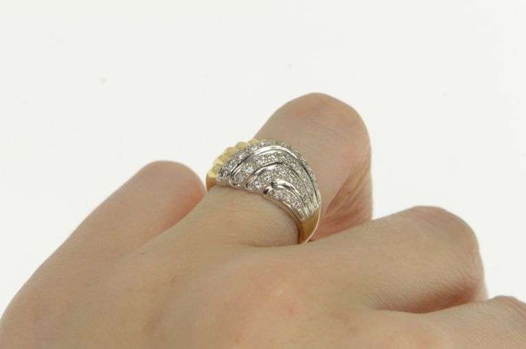 18K Yellow Gold Wavy Diamond Scalloped Statement Band Ring