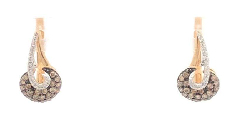 14K Yellow Gold Pave White & Cognac Diamond Loop Drop Earrings