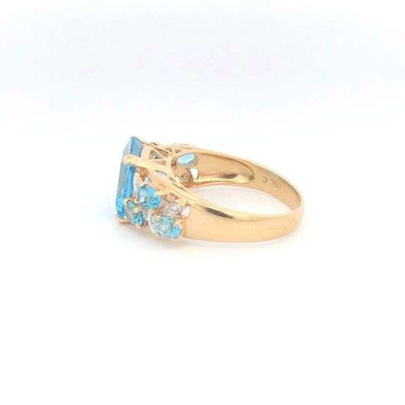 10K Yellow Gold Emerald Cut Blue Topaz Diamond Statement Ring