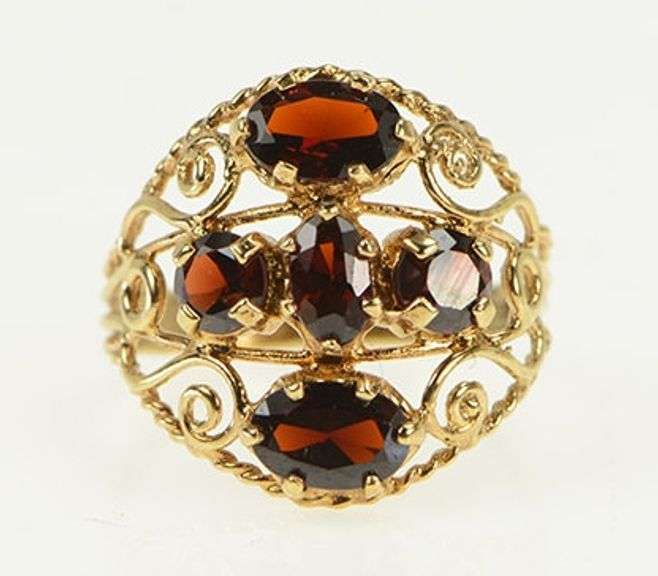10K Yellow Gold Victorian Garnet Diamond Filigree Statement Ring