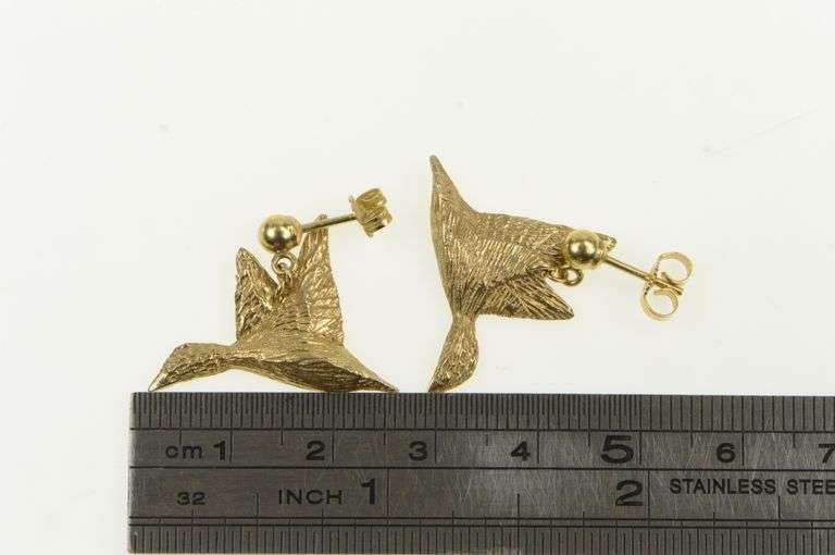14K Yellow Gold Ornate Artisanal Duck Goose Dangle Vintage Earrings