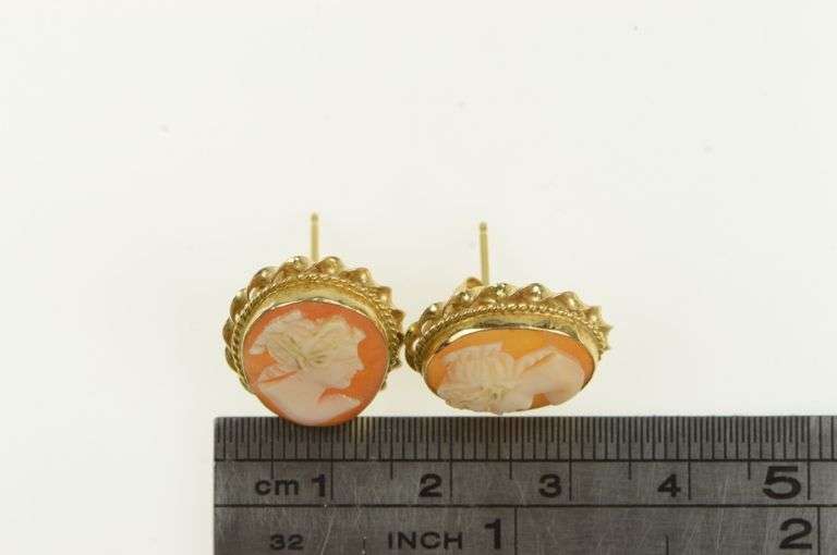 14K Yellow Gold Vintage Carved Shell Cameo Statement Stud Earrings