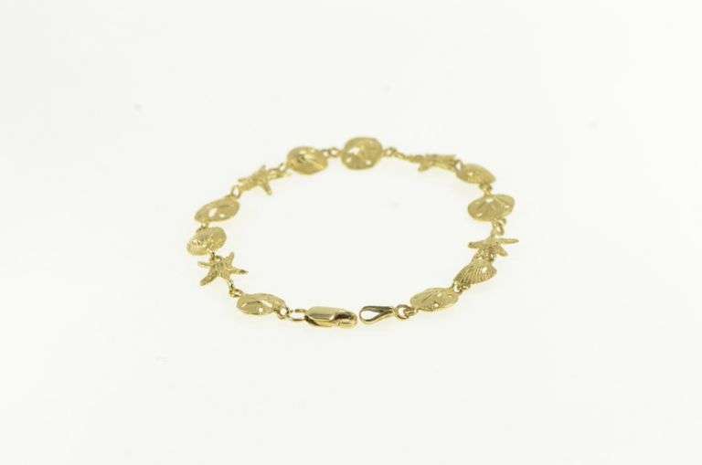 14K Yellow Gold Sea Shell Ocean Motif Sand Dollar Scallop Bracelet