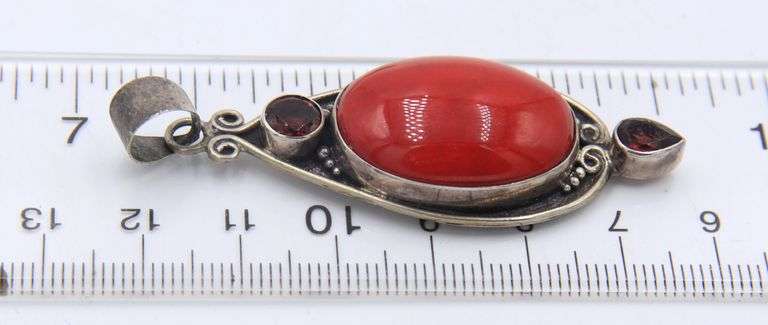 Lot of 925 Sterling Silver Coral Pendant and Coral Dangle Earrings