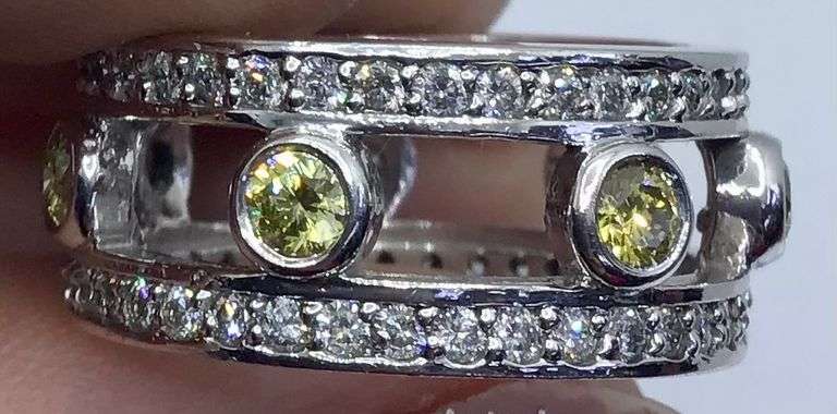 14K WHITE GOLD OPEN TRIO YELLOW AND WHITE DIAMOND ETERNITY RING