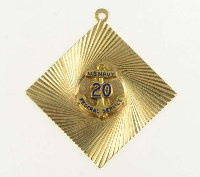 14K Yellow Gold 1960's Enamel US Navy 20 Years Service Charm/Pendant