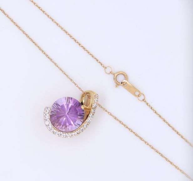Set of Yellow Gold Amethyst and Diamond Pendant on Chain with Matching Earrings