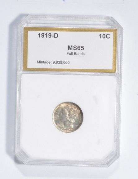 MS65 1919-D Mercury Silver Dime - Full Bands - Graded PCI