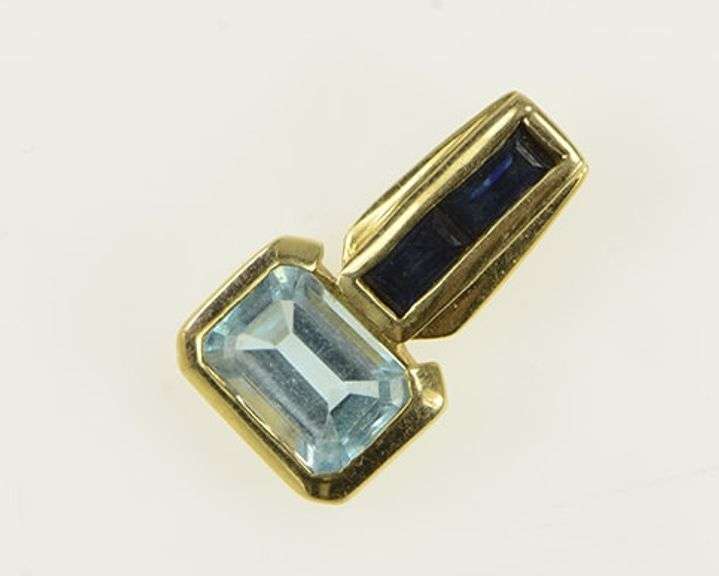 14K Yellow Gold Emerald Cut Blue Topaz Sapphire Accent Pendant
