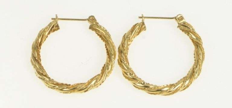 14K Yellow Gold 24.9mm Twist Design Vintage Statement Hoop Earrings