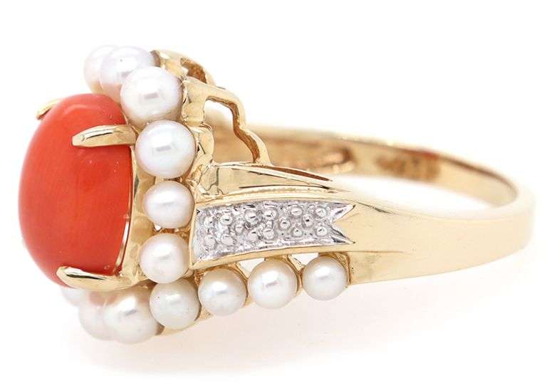 Oval Coral Seeded Pearl and Diamond Accent Frame Ring in 14K