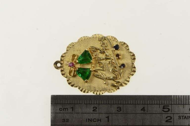 14K Yellow Gold 1960's Merry Christmas Syn. Emerald Bell Charm/Pendant