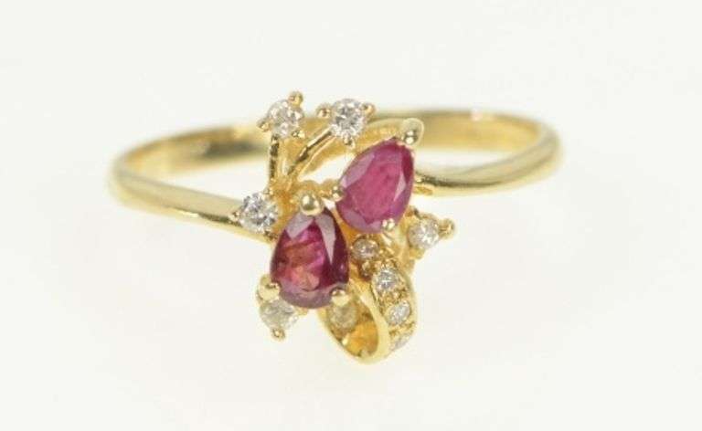 14K Yellow Gold Pear Natural Ruby Diamond Cluster Ring