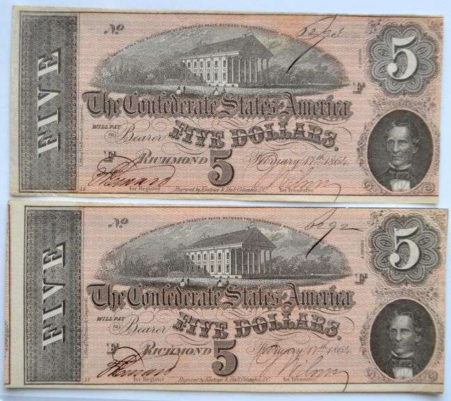 2 Consecutive CH CU $5 CSA Feb 17 1864 Series Notes.