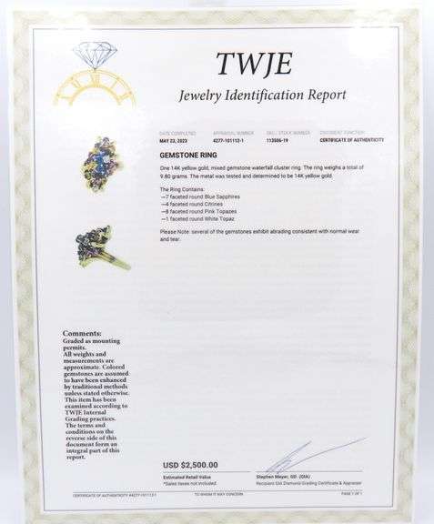 Handsome Yellow Gold Sapphire, Citrine, Pink Topaz and White Topaz Waterfall Ring