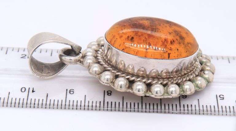 Vintage 925 Sterling Silver Mexico Amber Pendant