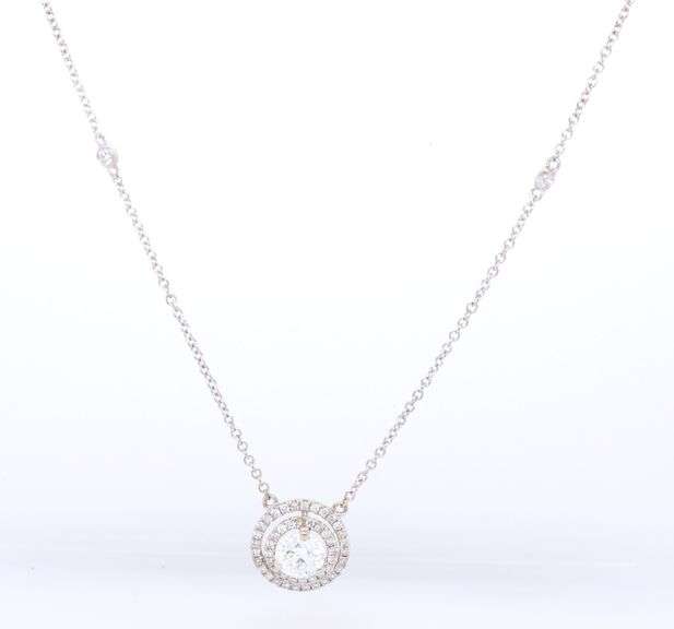 Outstanding White Gold Double Diamond Halo Pendant on adjustable Chain Necklace