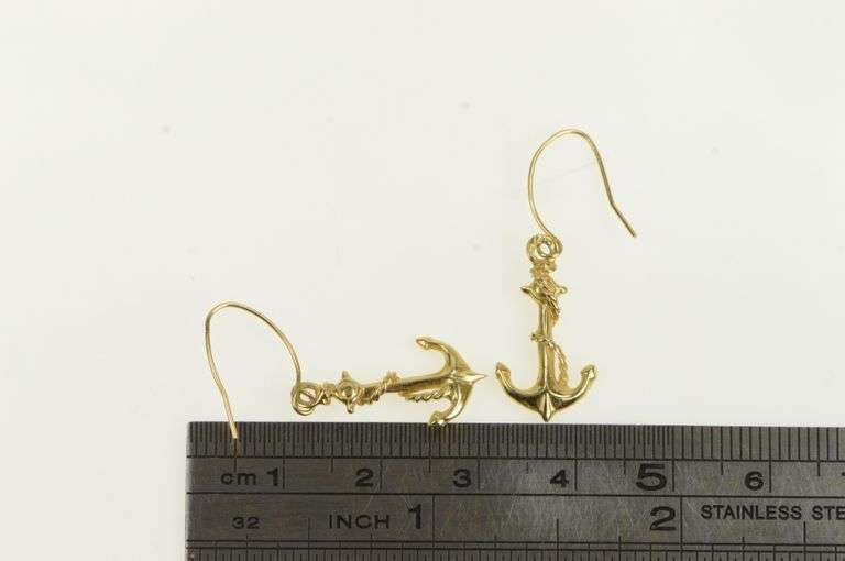14K Yellow Gold 3D Anchor Nautical Hope Faith Symbol Dangle Earrings