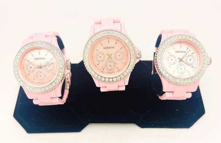 GROUP LOT OF 3x FANCY PINK GENEVA & GEMSTONE WATCHES- BRAND NEW! 40MM CASE. WATERPROOF
