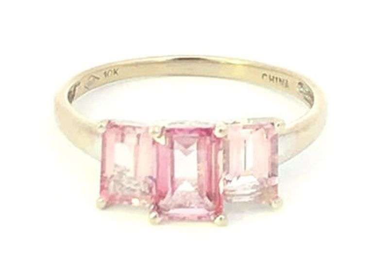 10K White Gold Emerald Cut Pink Topaz Three Stone Statement Ring