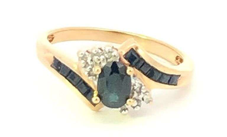 10K Yellow Gold Sapphire Diamond Cluster Bypass Vintage Ring