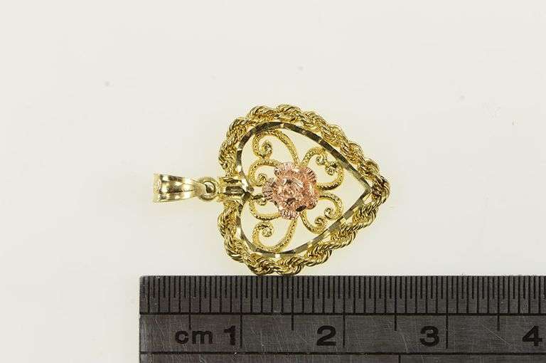 14K Yellow Gold Rose Flower Heart Romantic Love Filigree Charm/Pendant