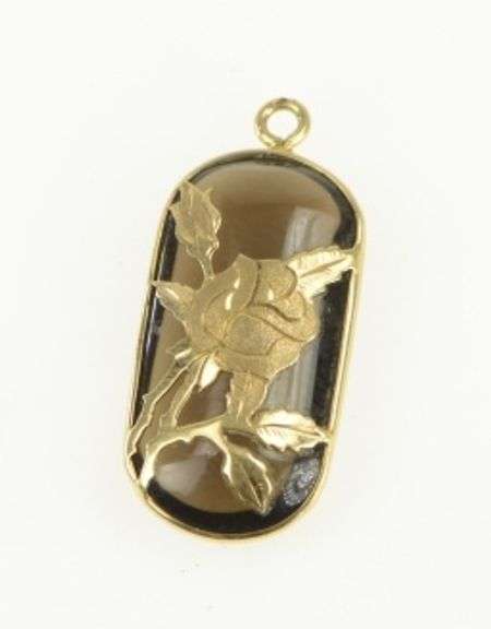 14K Yellow Gold Smoky Quartz Engraved Flower Overlay Charm/Pendant
